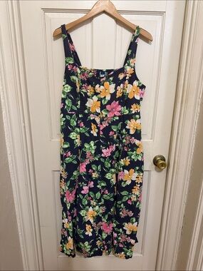 OLD NAVY Linen Floral Square-Neck Sundress in Navy with Pink & Yellow Blooms